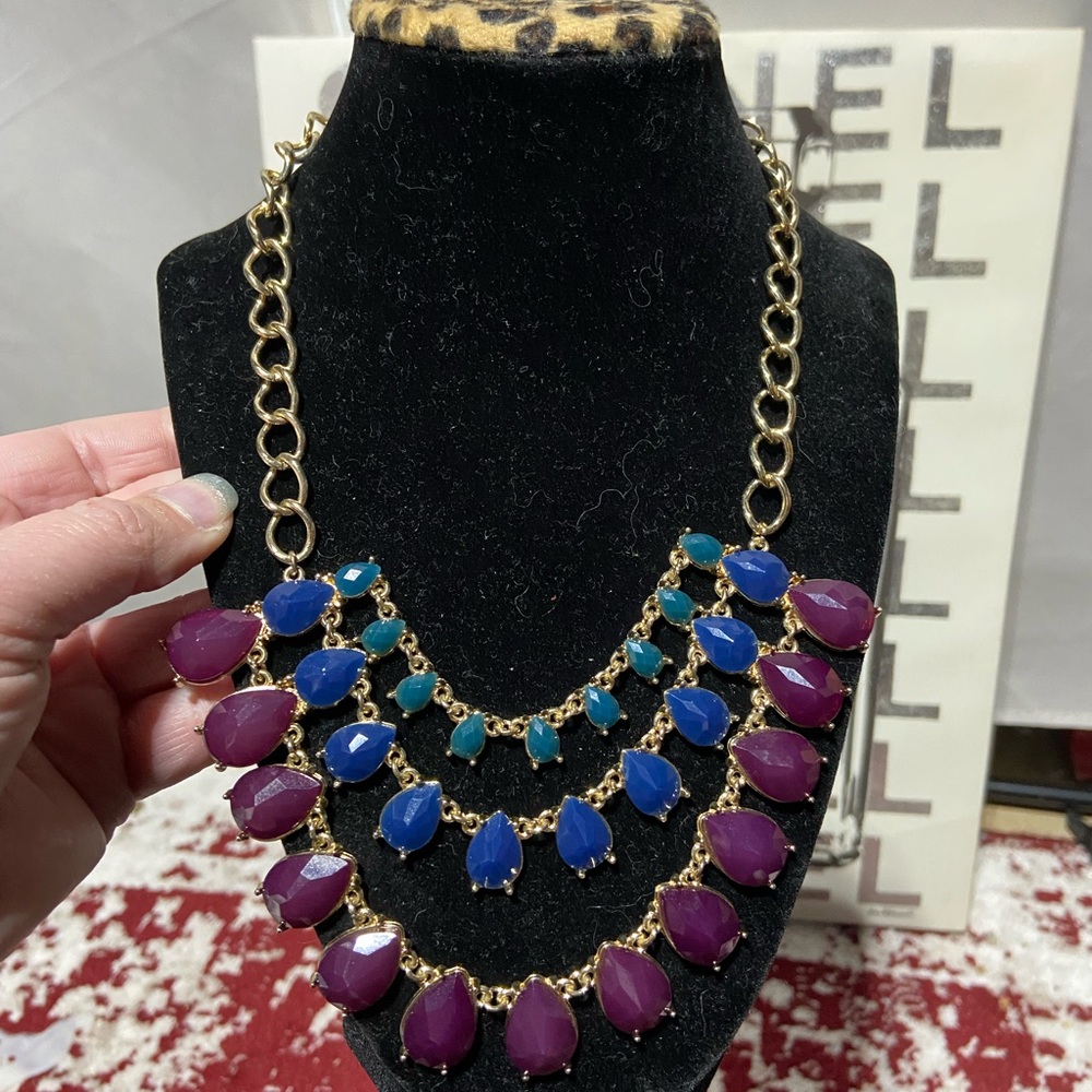 Talbots Chunky Purple Blue Teal Cabochon Statement Necklace Bib Statement